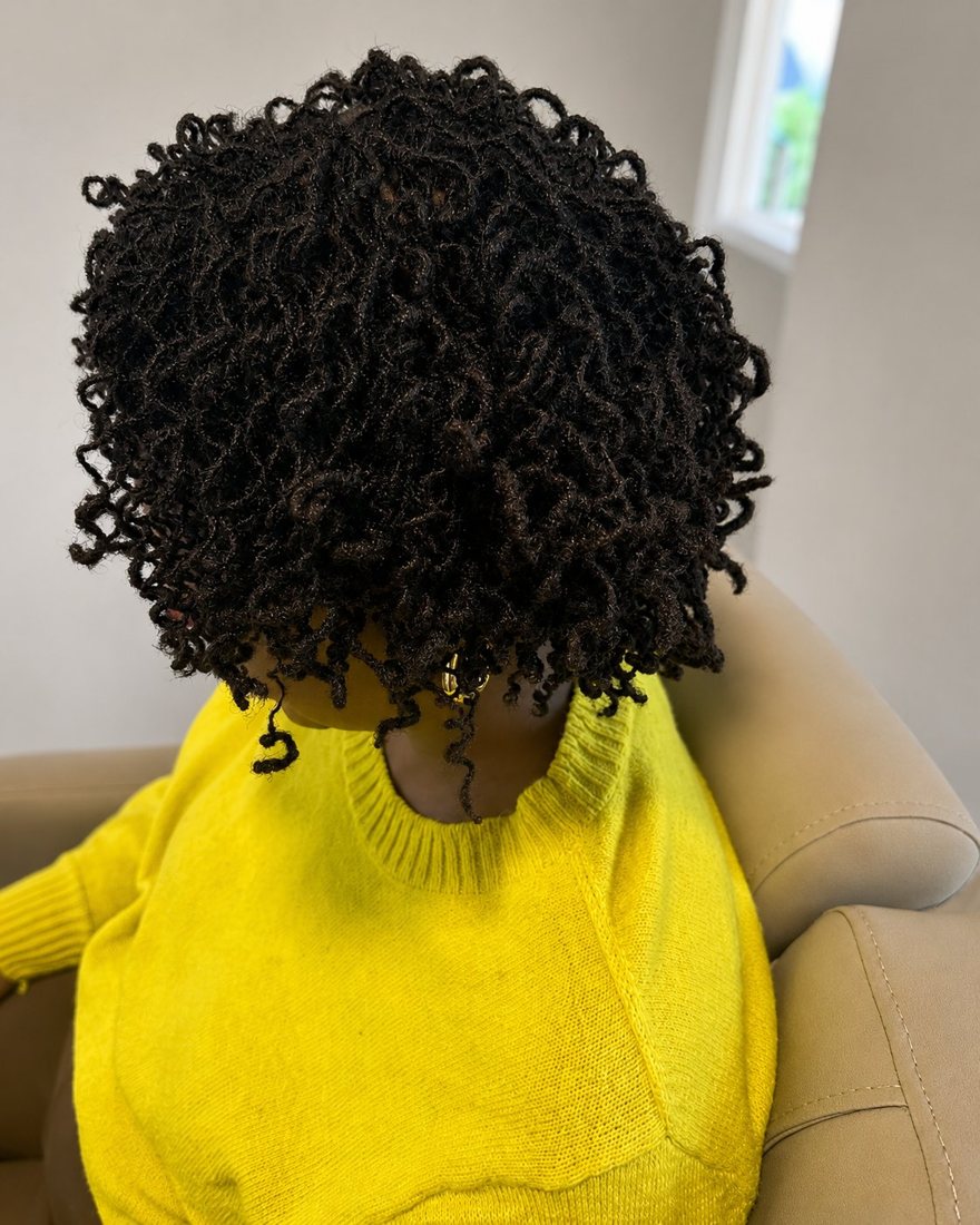 Coiled locs styled, top view